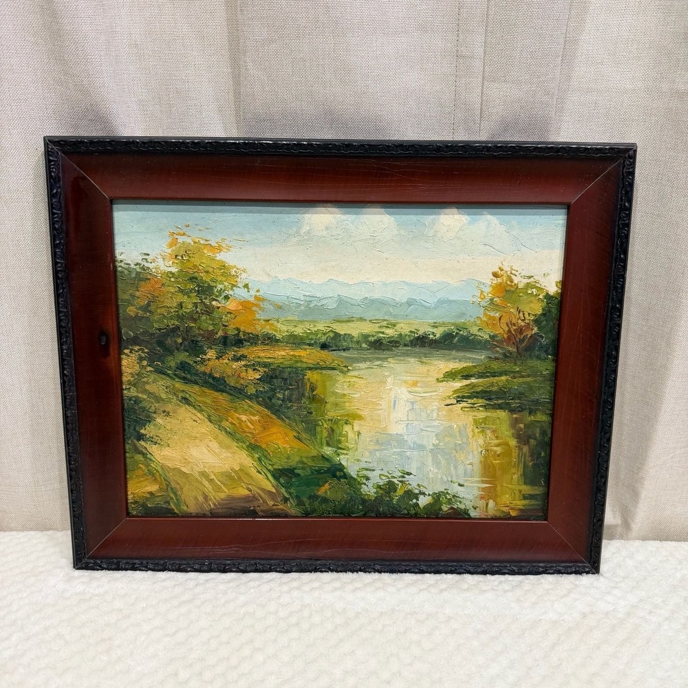 Vintage Framed Landscape Oil on Canvas Painting, River and Countryside Scene